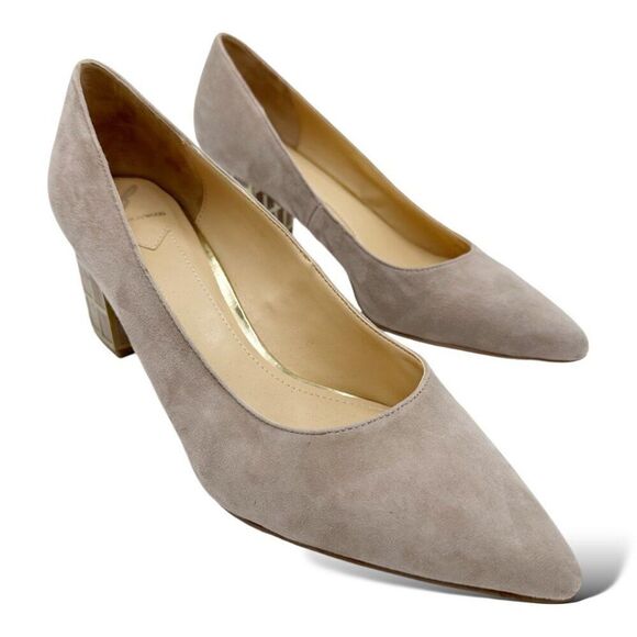 Brian Atwood‎ Karina Taupe Suede Block Heel Pumps With Gold Grid Heel Design 10 - Picture 2 of 16